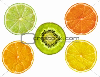 Lemon, grapefruit, orange, lime and kiwi slices isolated on whit