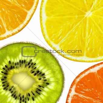 Lemon, grapefruit, orange and kiwi slices isolated on white back