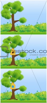Set of backgrounds green meadow with tree