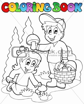 Coloring book with kids mushrooming