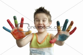 Children colored hands.Arms stretched forward.