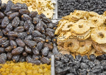 Dates and dried pineapple pieces at the arabic market