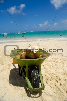 Coconut drink in wheelbarrow on beach