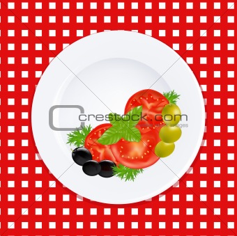 White Plate With Tomatoes Olives And Fresh Herbs