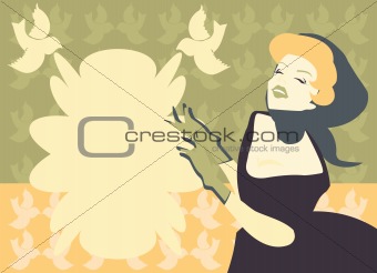 Beautiful happy woman retro portrait card with birds and space f