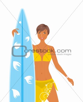 cool girl in yellow swimsuit with surfboard in her hand, isolate