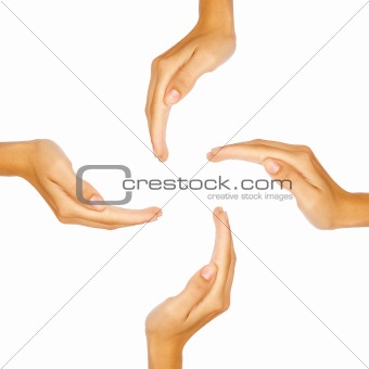 Four human hands forming a circle with copy-space in the middle