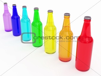 Line of colored beer bottles