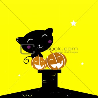 Black Halloween cat silhouette sitting on the roof during Night
