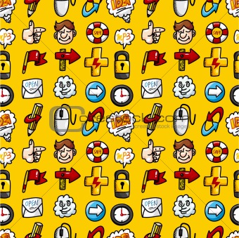 cartoon hand draw web icons seamless pattern with yellow background