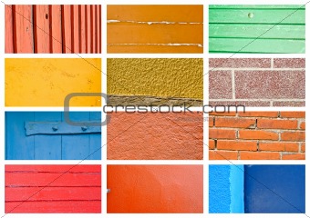 Colorful wall and wood texture collage