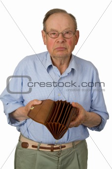 Male senior with empty wallet