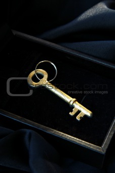 vintage  golden key in the black box on a black background