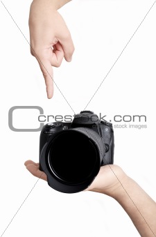 Pushing button on camera