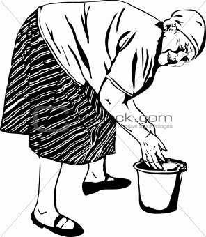 Grandma washes his hands in a bucket