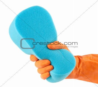 Hand in orange glove with sponge