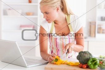 Close up of a woman using a laptop to cook