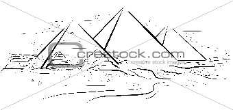 Drawing piramids and desert in Giza, Egypt. Vector illustration