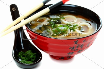 Miso soup with seafood and green onions
