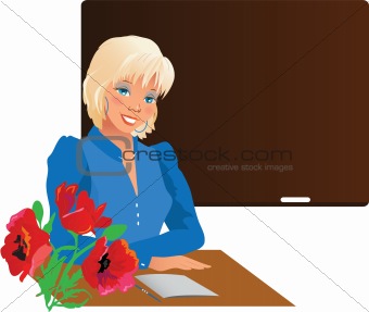Pretty teacher smiling with flowers