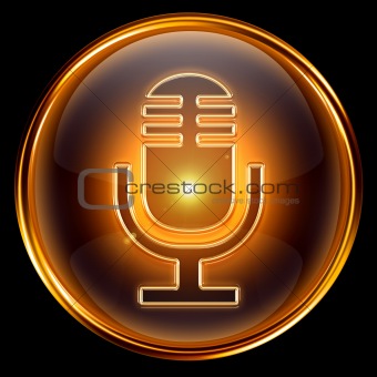 Microphone icon golden, isolated on black background.