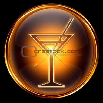 wine-glass icon golden, isolated on black background.