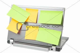 Laptop notebook isolated on white with postits on it