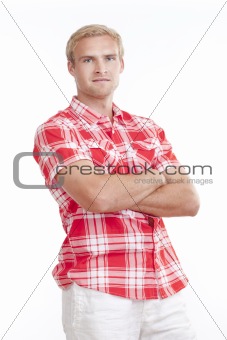 portrait of a young man with blond hair in shirt - isolated on white