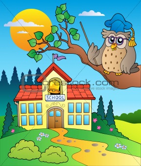 Owl teacher with school building