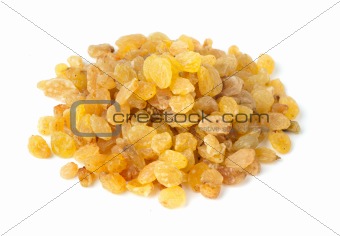 Yellow raisins isolated on white background 