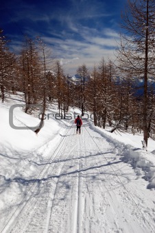 Woman snowshoeing descending