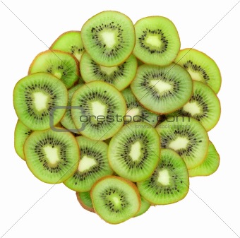 Close up of kiwi slices isolated over white background