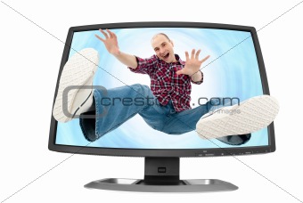 falling young man into the screen