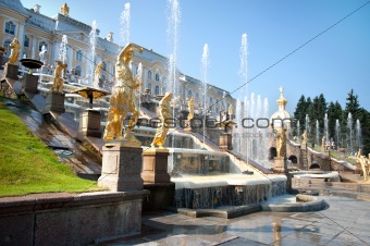 Grand Cascade Fountains At Peterhof Palace, St. Petersburg. 
