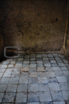 dirty tiled floor and brick wall empty room
