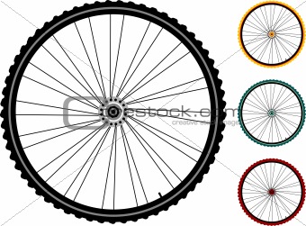 set multicolored bicycle wheels isolated on white