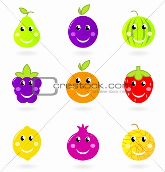 Cartoon smiling fruit characters icon set isolated on white
