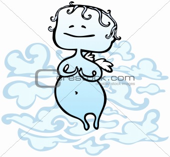 Little cute angel floating in clouds - vector illustration in cartoon style 