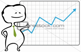 Happy trader and a chart with a rising blue arrow - vector illustration in cartoon style