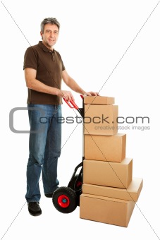 Delivery man with hand truck and stack of boxes