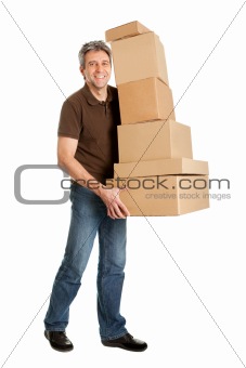 Delivery man carrying stack of boxes