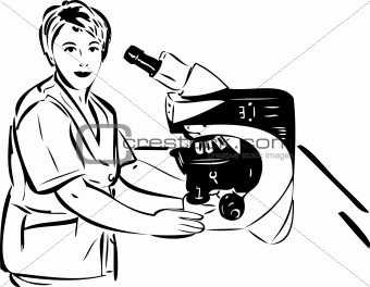 woman in the lab next to the microscope