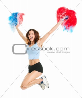 Smiling cheerleader girl posing with pom poms