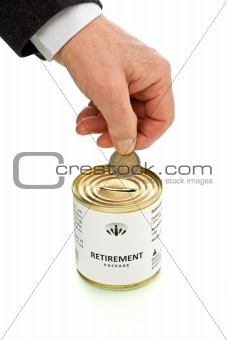 Senior man putting coin in retirement package tin can