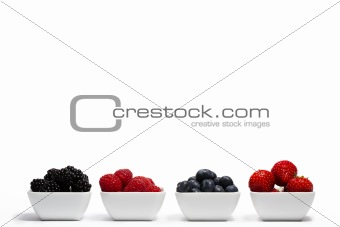 row of wild berries in bowls