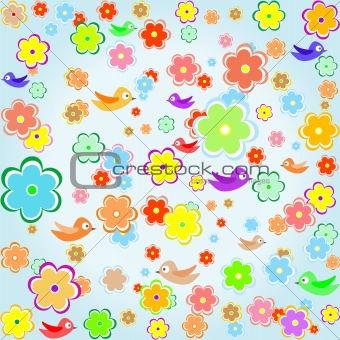 colorful bird with chamomiles Spring flower abstract background