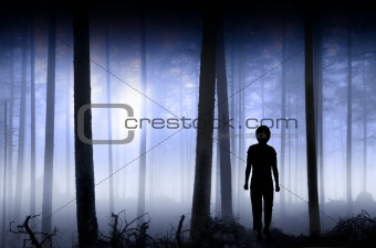 Person in blue hazy forest