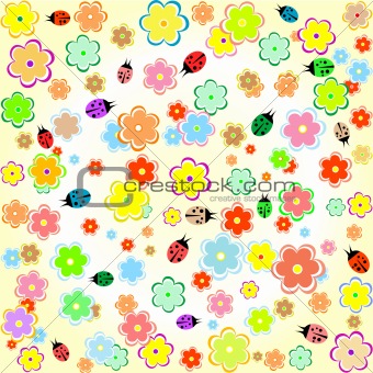 Flowers and ladybugs yellow seamless background wallpaper