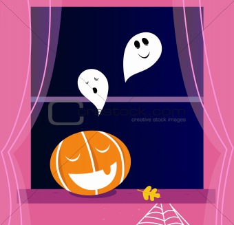 Window Halloween scene with Ghosts and orange Pumpkin head 