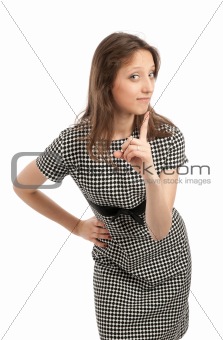attractive young girl pointing her finger up